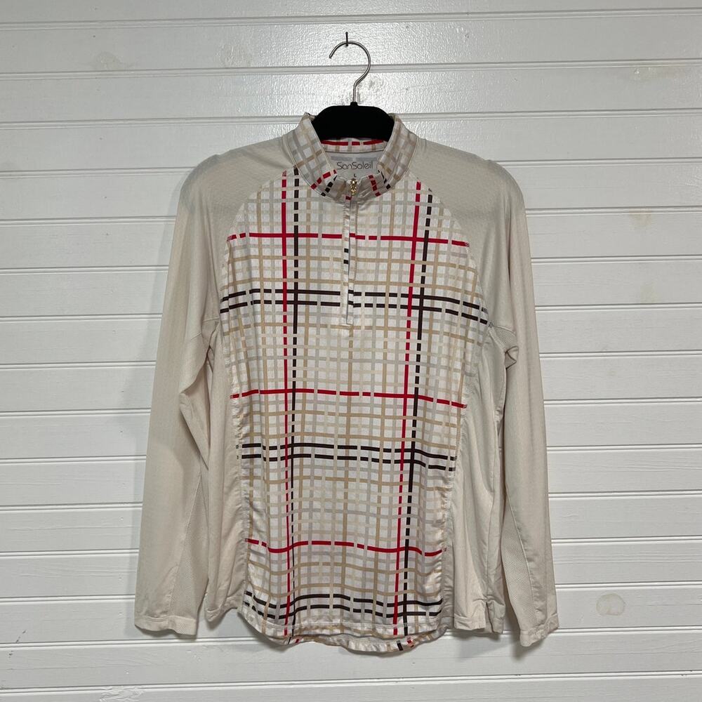 San Soleil UPF 50 Plaid Quarter Zip Athletic Top Size Large Preppy‎ Tennis Golf